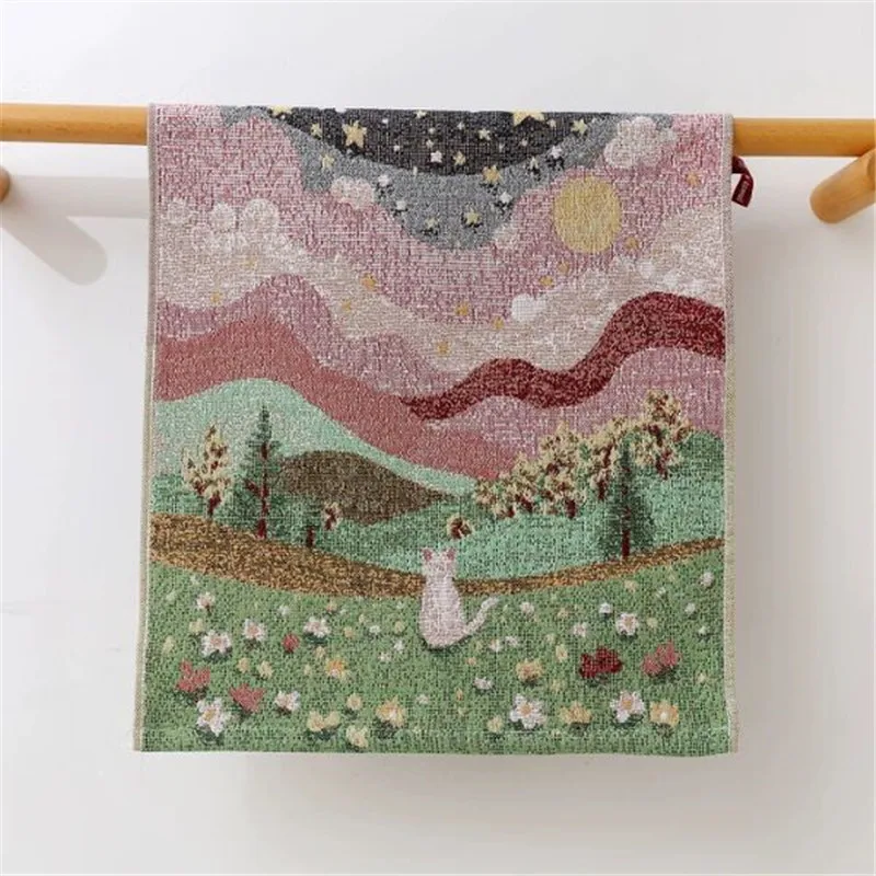 مناشف شاش قطنية، مناشف أطباق، زهور، طباعة قطة، للحمام والمطبخ، 35*40 سم، رقيقة، 4 قطع