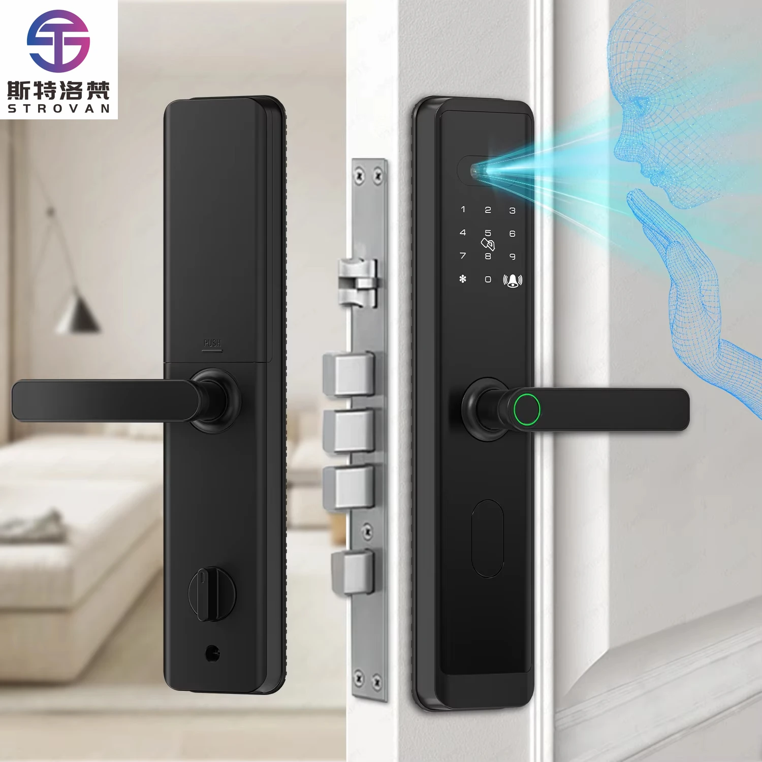 

Распознавание лиц, отпечаток пальца, умный цифровой домашний дверной замок без ключа с строительной конструкцией из алюминиевого сплава, Wi-Fi и управление через приложение