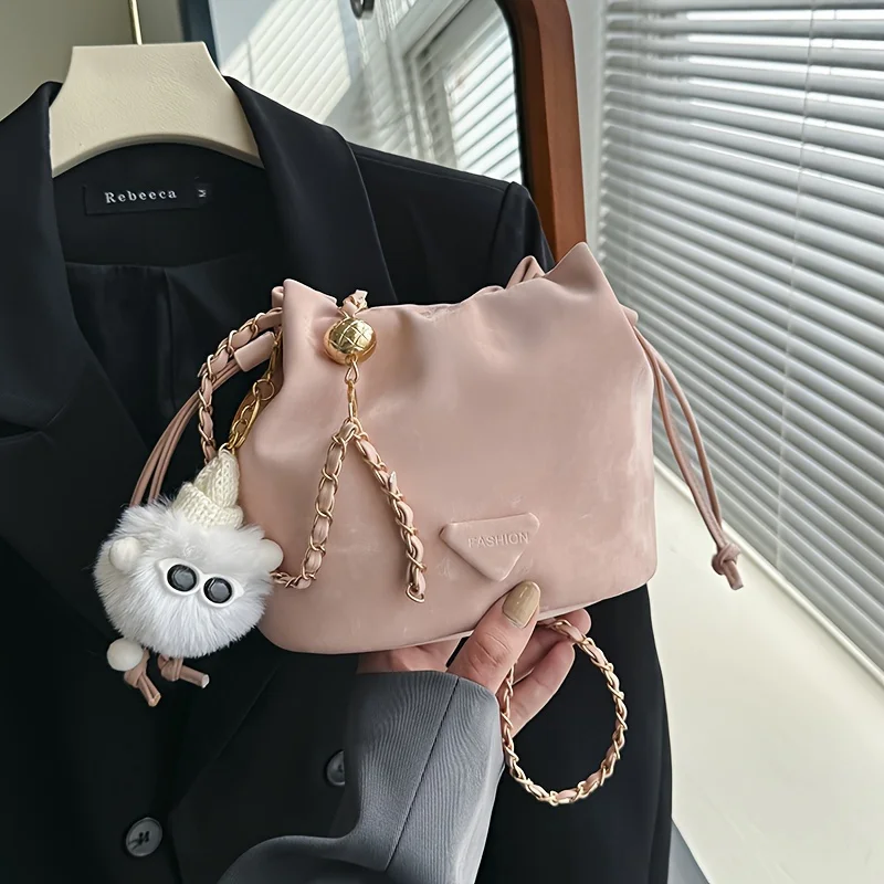 

Summer 2024 Trendy Women's Crossbody Bag, Vintage Style Bucket Bag With Drawstring Closure And Chain Strap