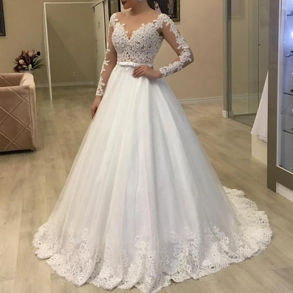 

Princess Ball Gown Wedding Dress long sleeve bride dress V neck plus size robe de mariee Lace beading Wedding Bridal Gown