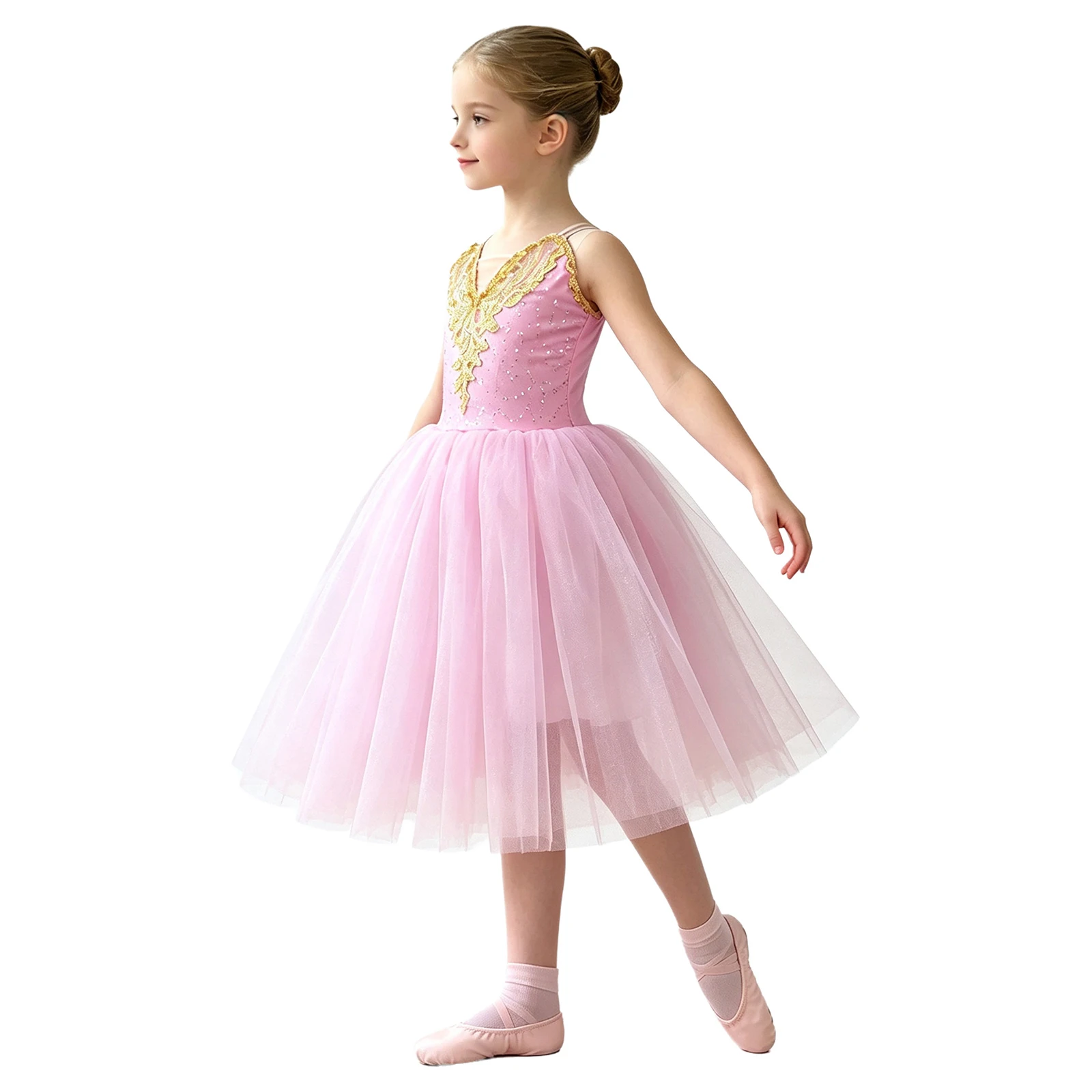 Teen Girls Ballet Dance Dress Spaghetti Strap Applique Bodice Tulle Tutu Dresses Gymnastics Figure Skating Performance Costume