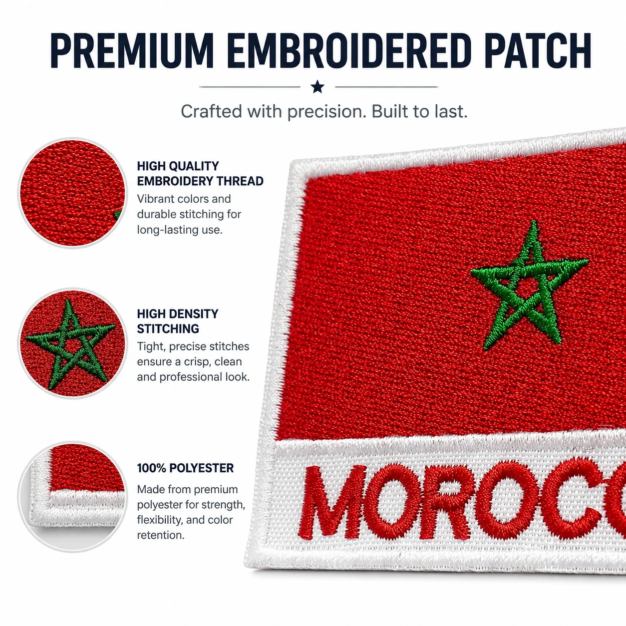 Flag of Morocco Embroidered Patch Patriotic Decoration Morale Badge Hook and Loop for Clothes Backpacks Hats & Everything
