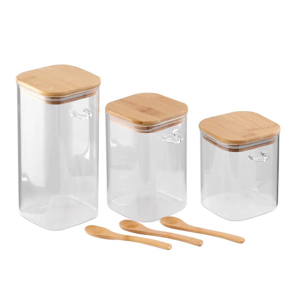 3Pcs Glass Storage Jars with Bamboo Spoons