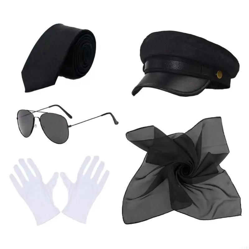 634C Chauffeur Costume Accessories Set Novelty Black Chauffeur Hat Sunglasses for Adults Cosplay Party Night Theme Party