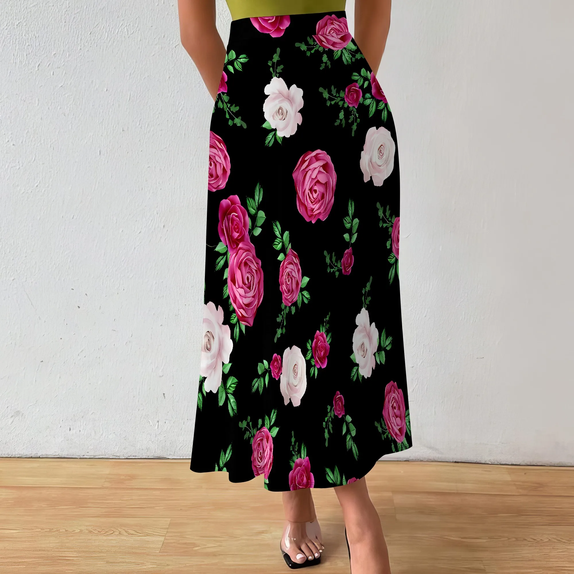 Spódnica Nupusa z nadrukiem róż dla kobiet, rozmiar regularny, letnia, codzienna spódnica midi z wysokim stanem