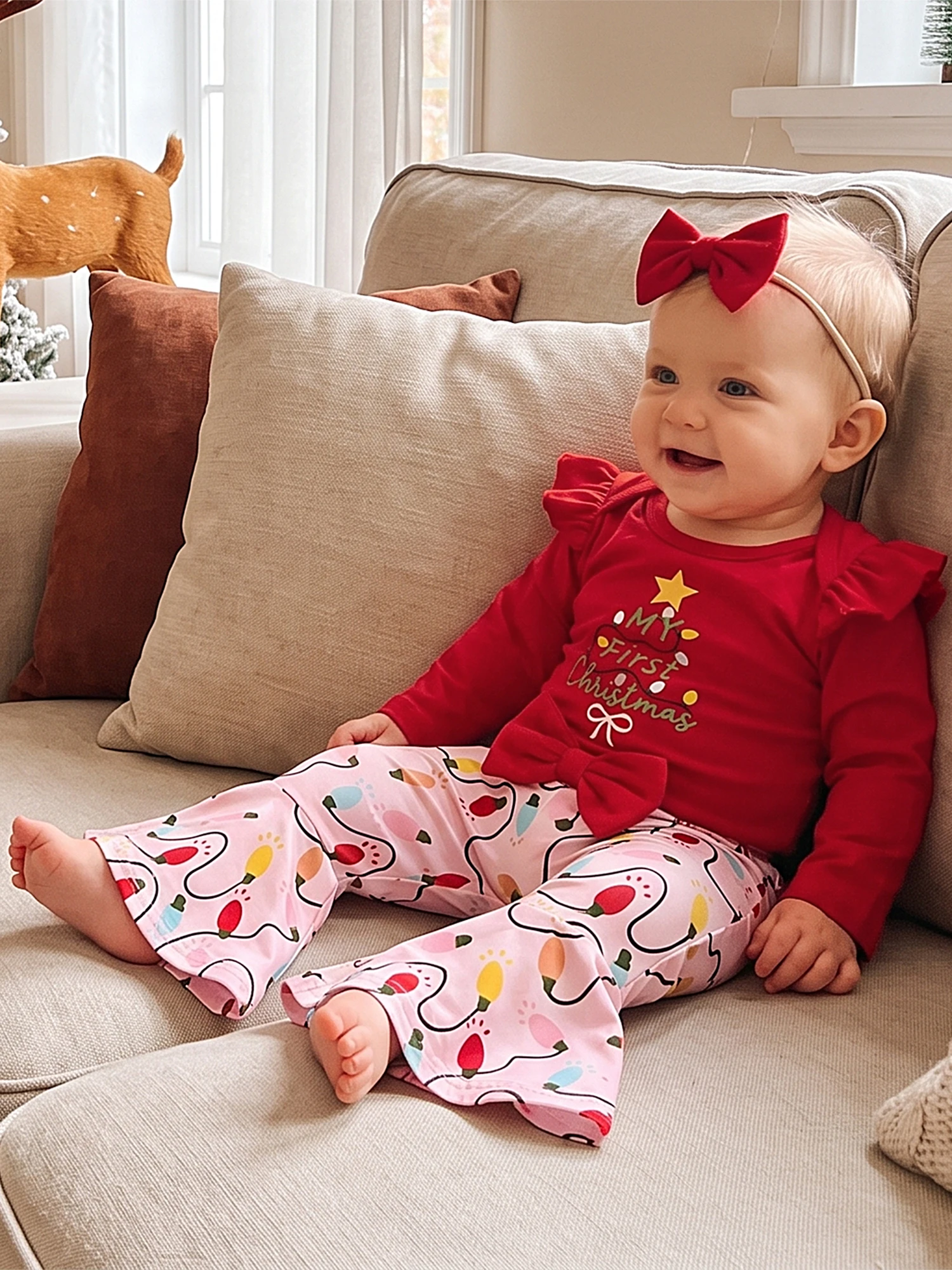 Flare Pants Headband Infant Girl Pants Girl-Christmas-Outfit Outfit Ruffle Long Girl Christmas Girl Romper Flare Pants