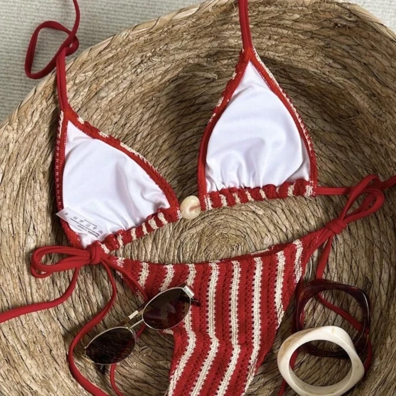 E56D Textured Pattern for Women Two Piece Bathing Suit with Tie Neck Top and Side Tie Bottom for Beach and Resort Wear