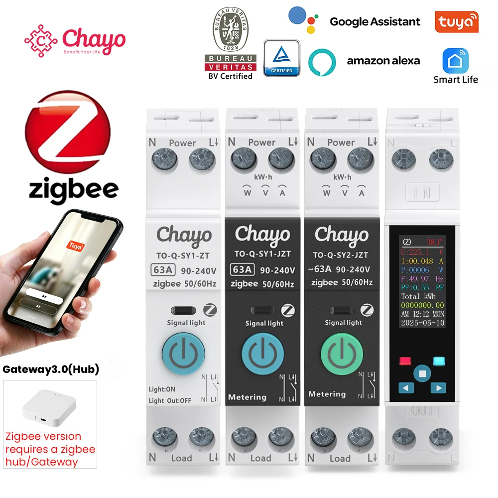 Chayo Tuya Zigbee Smart Circuit Breaker 1P+N 63A DIN‑Rail Energy kWh Volt‑Amp Monitor Timer Voice Remote Home Protection