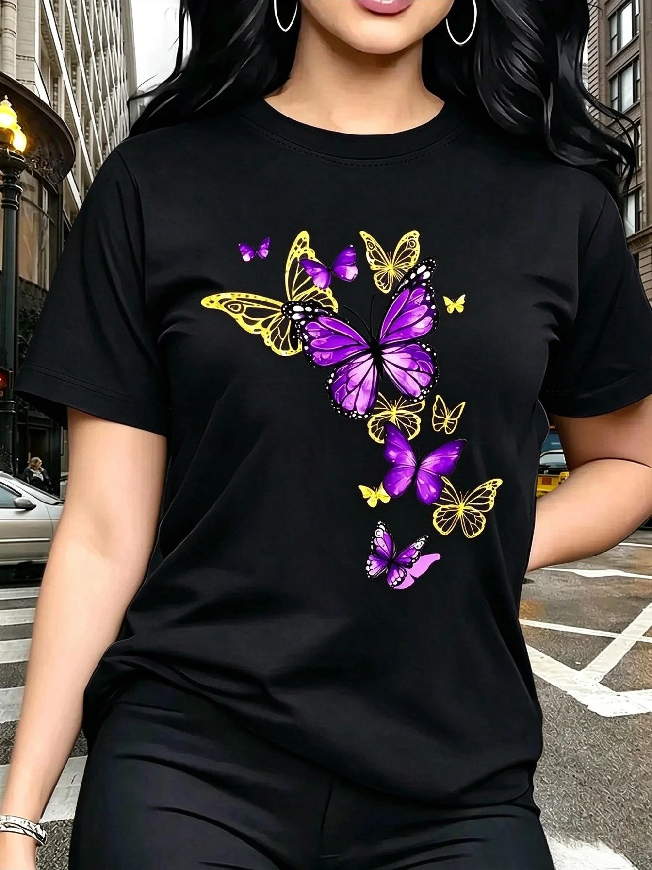 Women Butterfly Graphic T Shirt Purple And Golden Butterflies Art Print Round Neck Short Sleeve Lightweight Breathable Exquisite Casual Aesthetic Everyday Tee