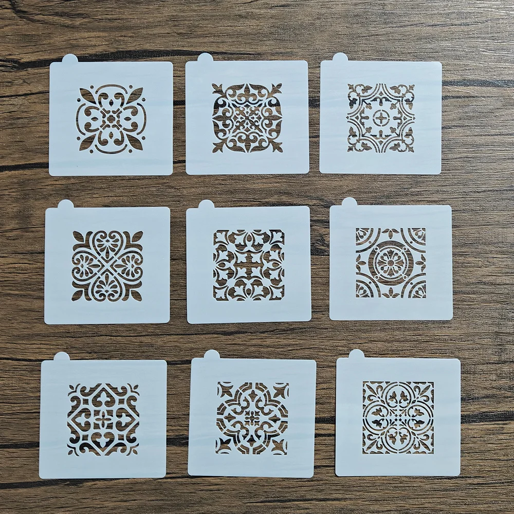 9Pcs Scroll Tile Cookie Stencils, Vintage Pattern PET Template for Royal Icing Sugar Cookie Baking and Card Decoration