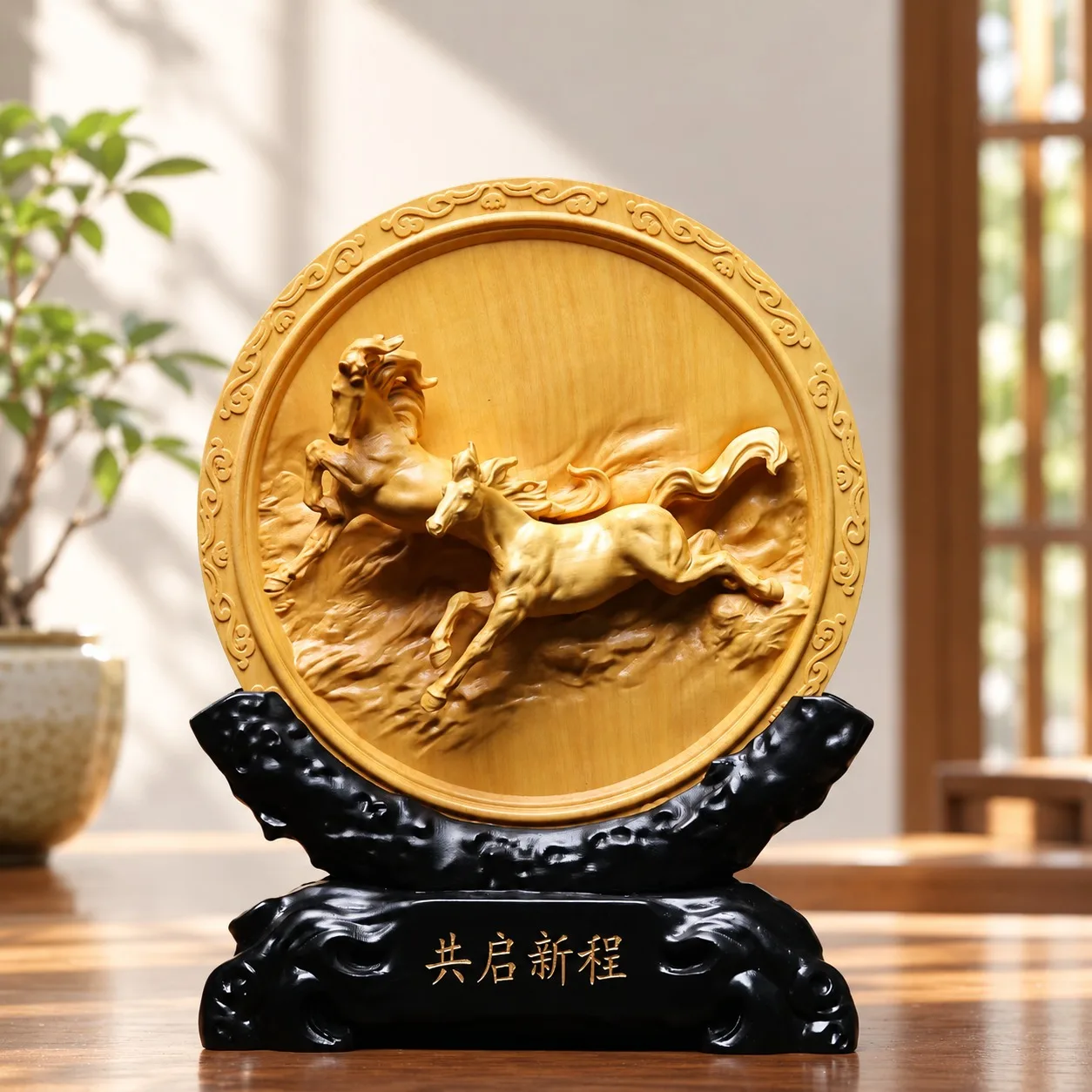 Hand Carved Boxwood Year Of The Horse Round Plaque Ornament Chinese Feng Shui Home Living Room Office Tabletop Decor Gift