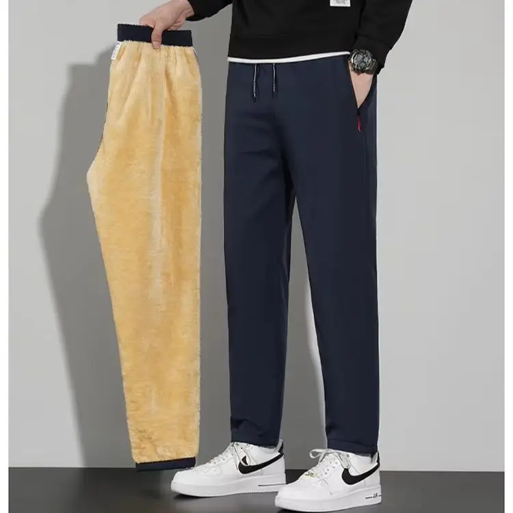 Men Fleece Lined Warm Pants Elastic Drawstring Waist Zipper Pockets Loose Fit Winter Thermal Casual Sports Trousers For Men
