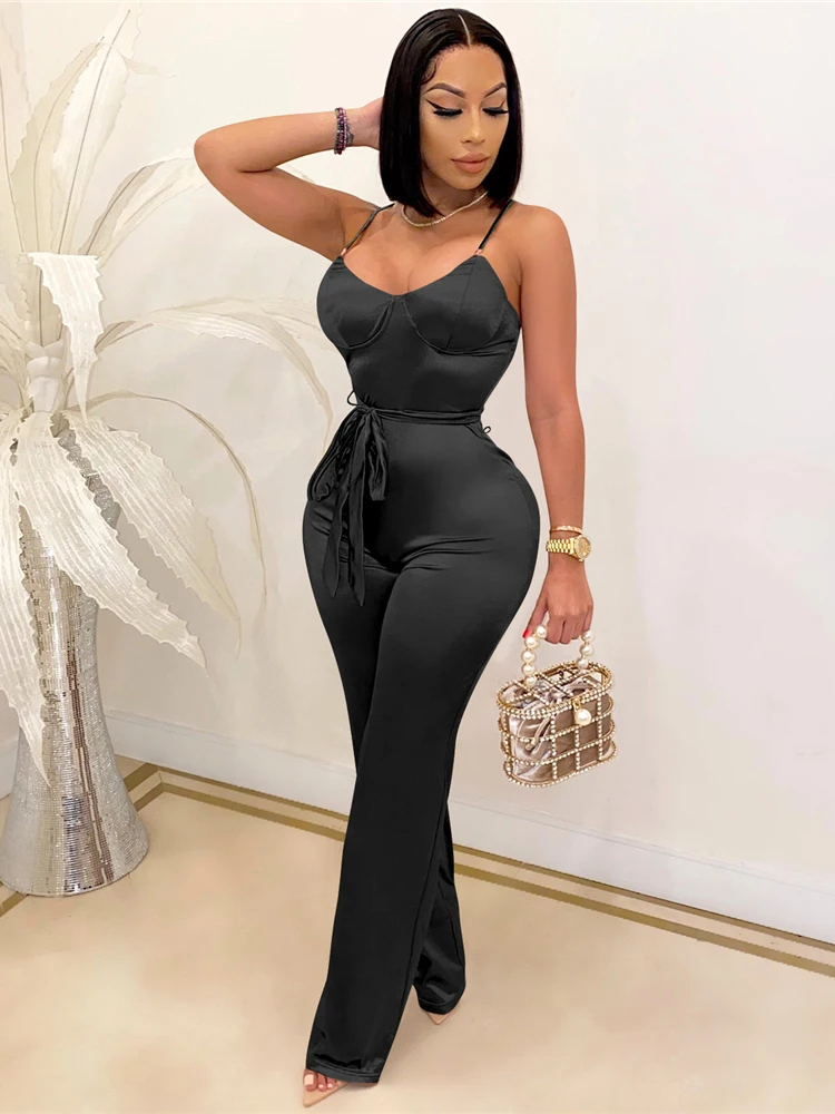 sexy jump suits HBLL Women's Sexy Jumpsuits Clubwear Elegant Party Rompers High Waisted  Wide Leg Pants One Piece Sleeveless Jumpsuit with Belt