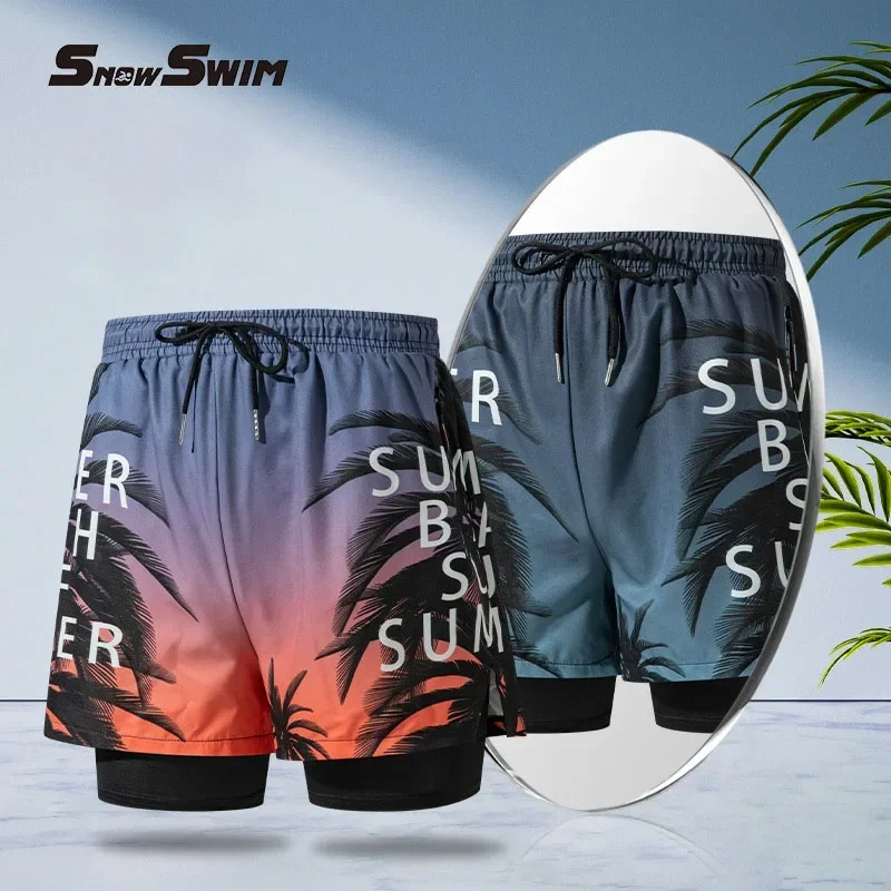 Short de bain double couche pour homme, équipement de natation adulte, pantalon de plage professionnel, assressentianti-république, doublé, nouveau maillot de bain