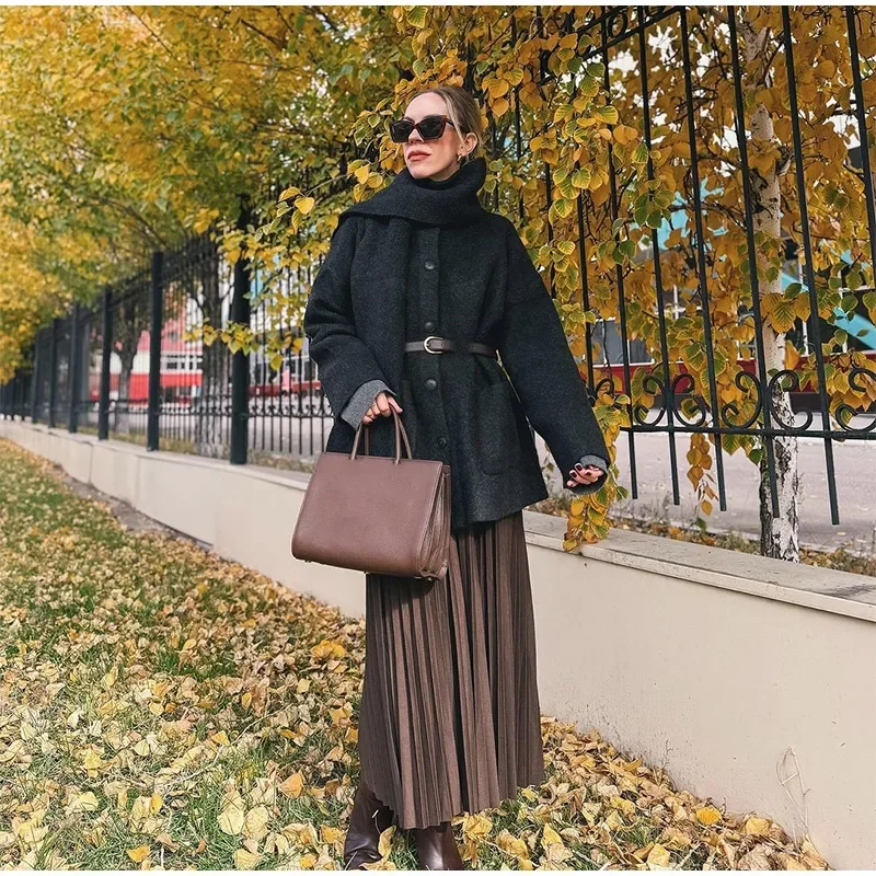 European and American Women's Autumn Temperament Paired with Waist Belt and Suede Effect Pleated Skirt