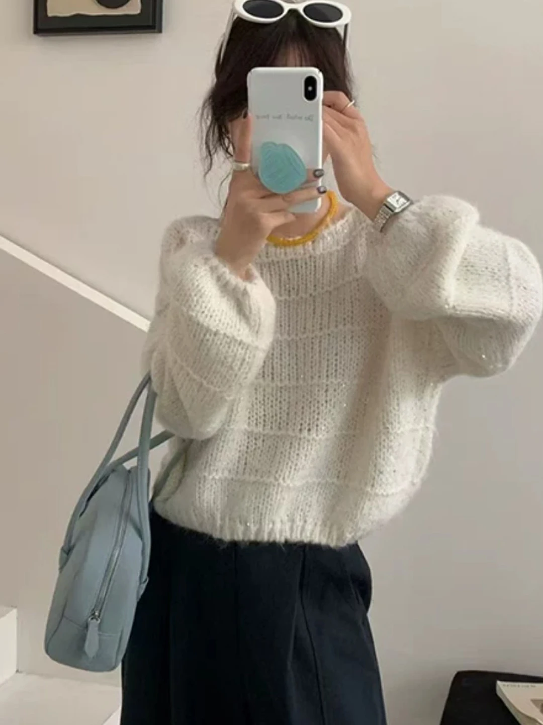 Laid-back Style Short Knitted Sweater Women's Long Sleeve Overhead Batwing Sleeve Knitwear Elegant Top Casual Fashion