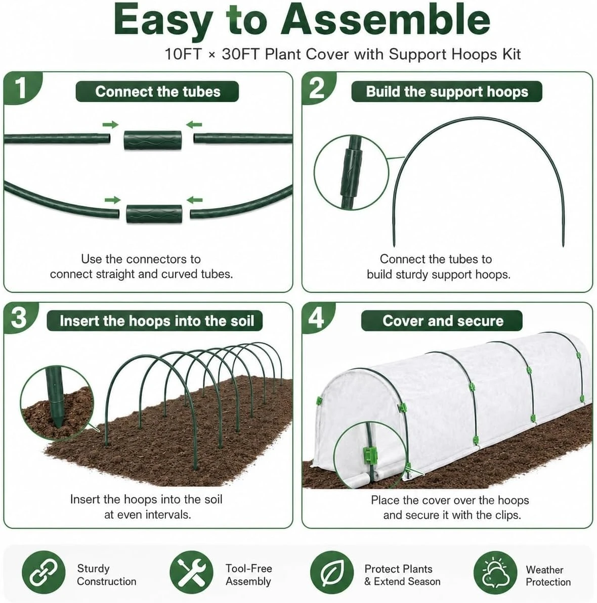 Greenhouse Hoops With Plant Cover Freeze Frost Protection Garden Hoops Kit for Raised Bed