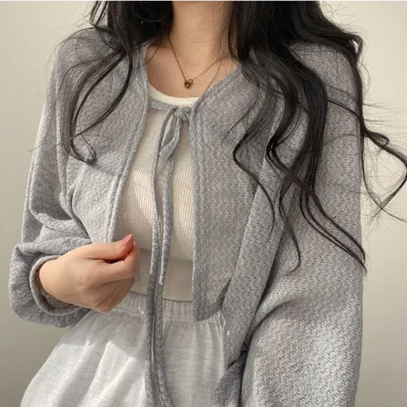 Casual Thin White Cardigan Women Summer Sunscreen Lace-up Knitwear Tops Lady Korean Style Lantern Sleeve Short Sun Protected Top