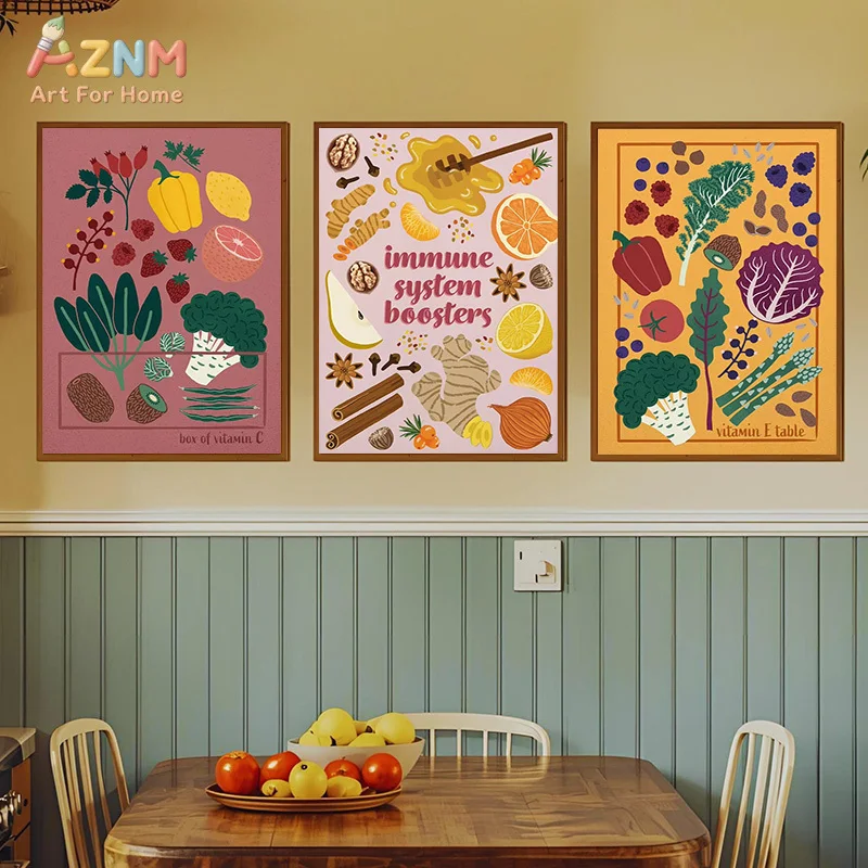 AZNM Healthy Fruit Vegetable Canvas Wall Art Nutrition Vitamin Food Illustration Print Frameless Canvas Painting Kitchen Dining