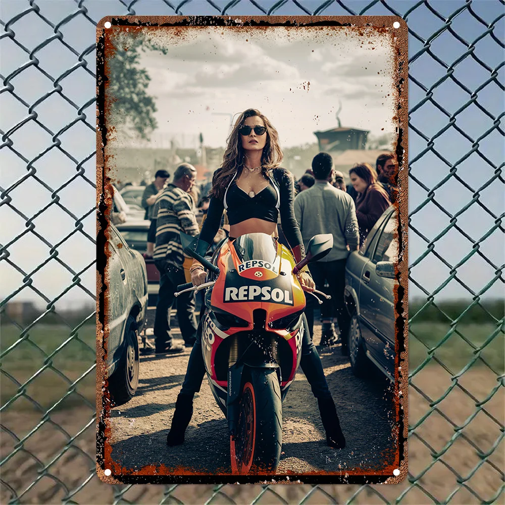 Vintage Motorcycle Tin Metal Sign Wall Art, Rustic Repsol Theme Decorative Plaque for Garden, Bedroom, Garage - Tin Tin Sign fo