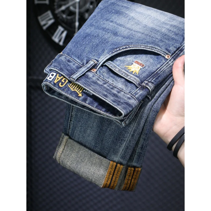 

Men's Pants Slim-Fitting Small Straight Jeans Men's Fashion Street Fashion 2024 New Stretch Water-Washing Embroidery Trousers