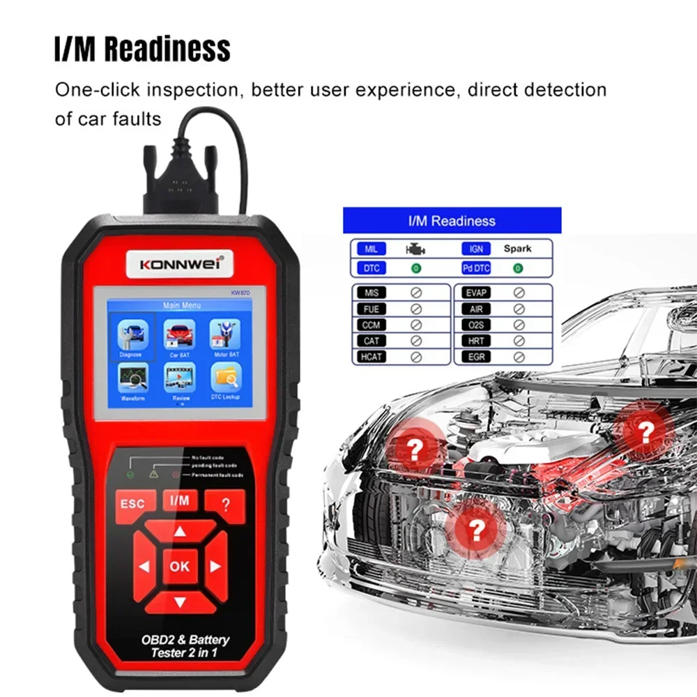 KONNWEI KW870 6V 12V Car Motorcycle Battery Tester OBD2 Diagnostics Tool Scanner 2 in1 Cranking Charging Test Tools