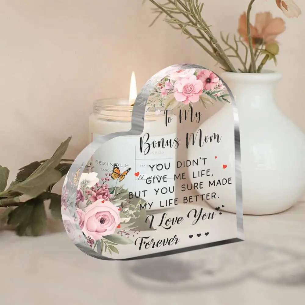 Heart‑Shaped Acrylic Plaque To My Bonus Mom Sentimental Keepsake Gift,Floral Butterfly Acrylic Heart Ornament Gift For Bonus Mom Mother’s Day