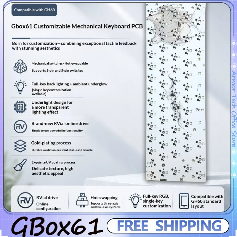 GBox61 Keyboard PCB GH60 PCB Wired Custom  RGB Hot-Swappable VIA Keyboard positioning board for wooting Gifts