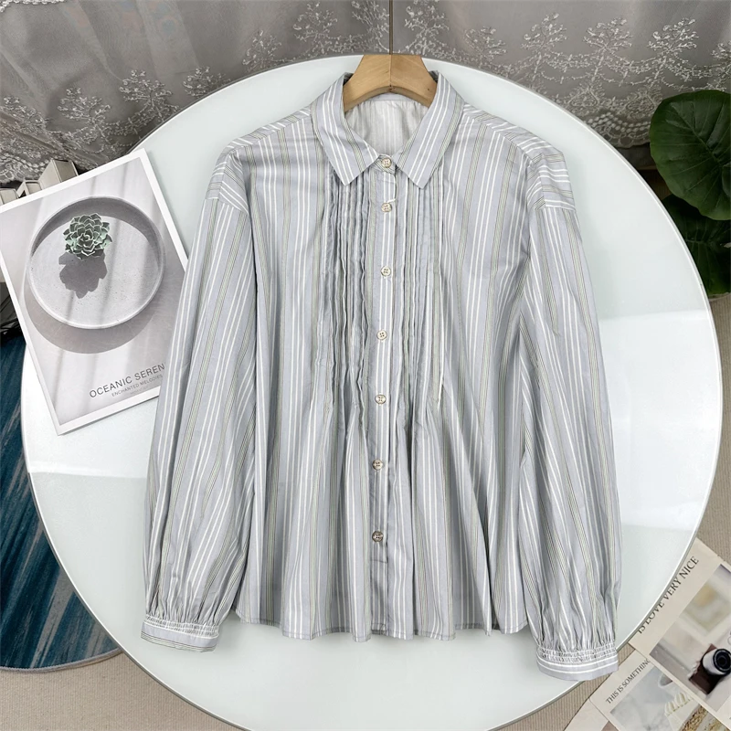 

Artistic Bubble Sleeve Striped Shirt Women's Loose Fit Cotton Long Sleeve Shirt Elegant Top Lightweight Fashionable Women