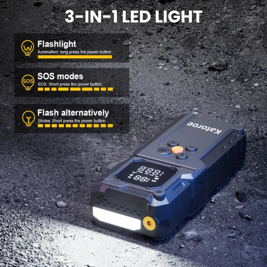 Portable 12V Car Battery Jump Starter with 5000A Peak Current and 150PSI Air Compressor for 9.0L Gas and 7.0L Diesel Engines In