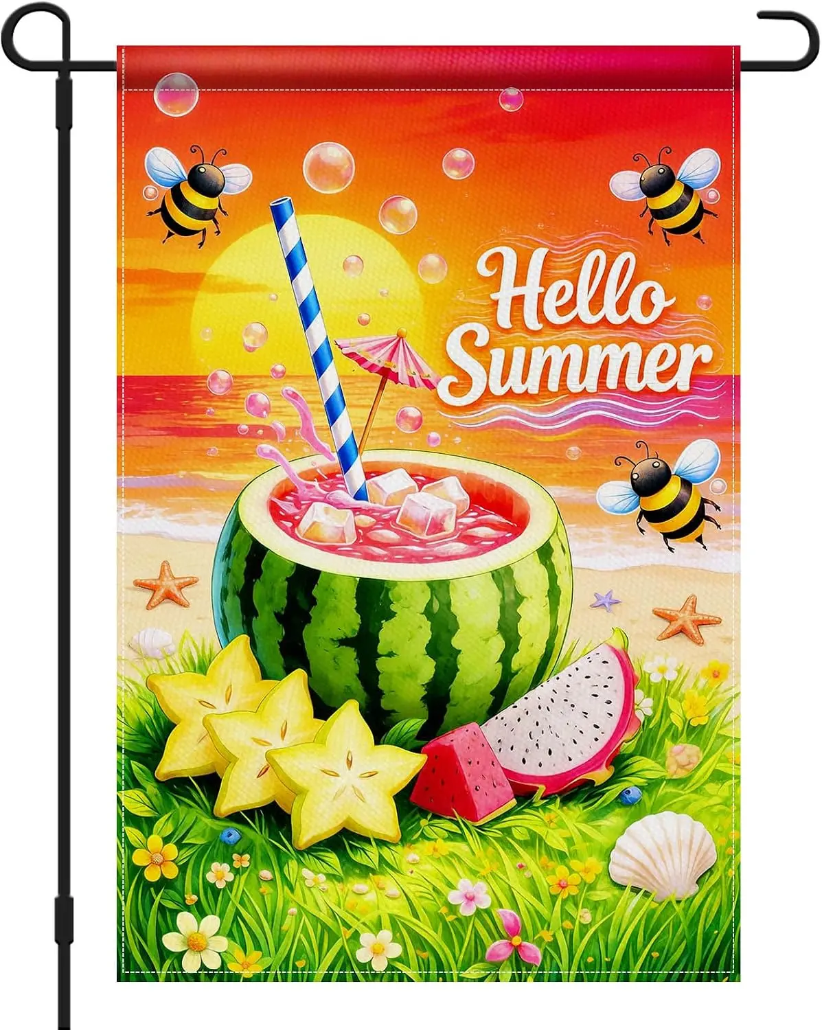 Hello Summer Garden Flag Watermelon Drink Yard Decor | 12x18 in double sided linen garden flag with watermelon drink bees be llp