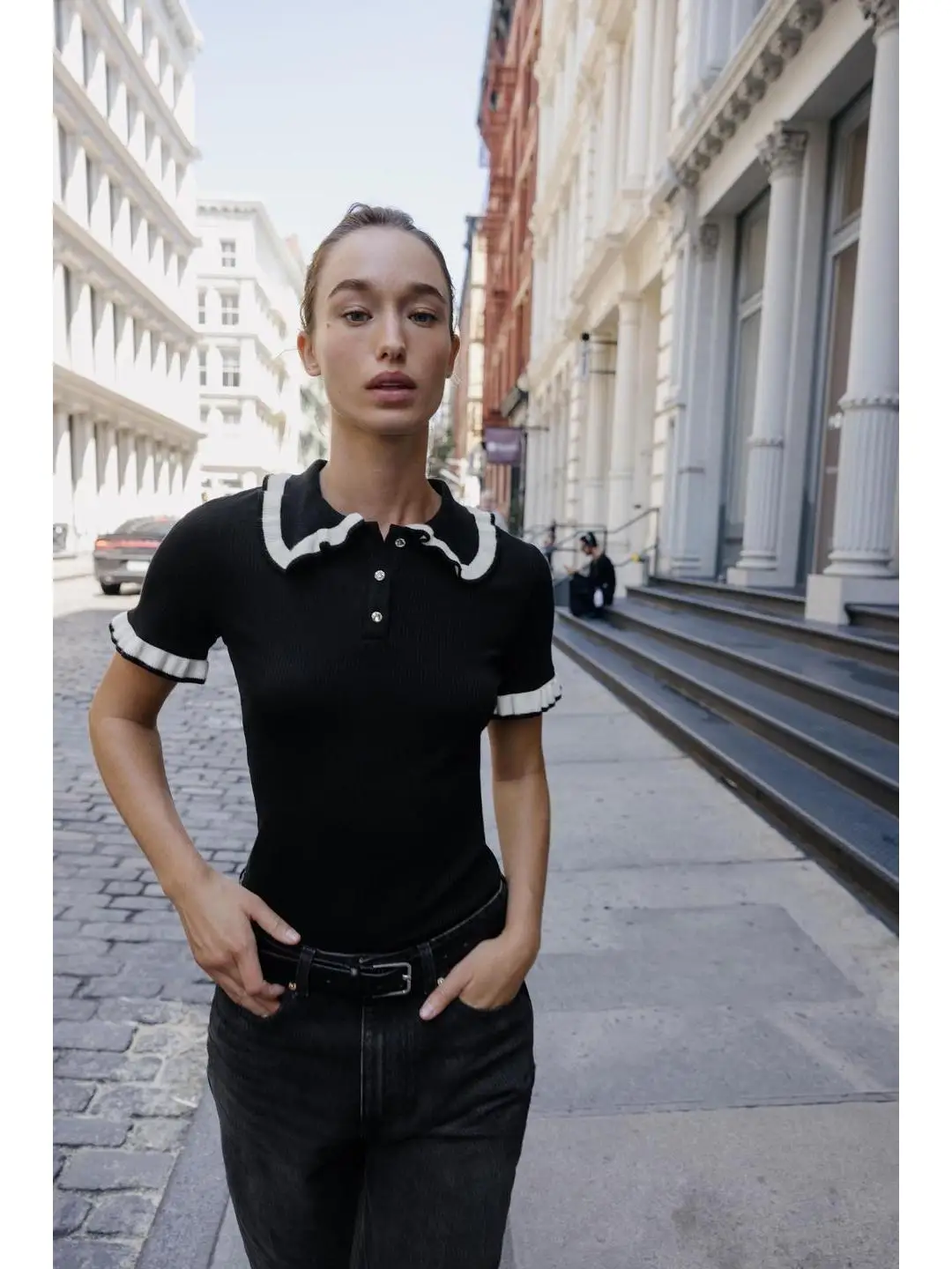 Wczesna Jesień irt Ne T-irt Biżuteria Guzikowe Szwy Detale Warstwowe Ozdobne Pracowanie z Guzikami Magazyn ip