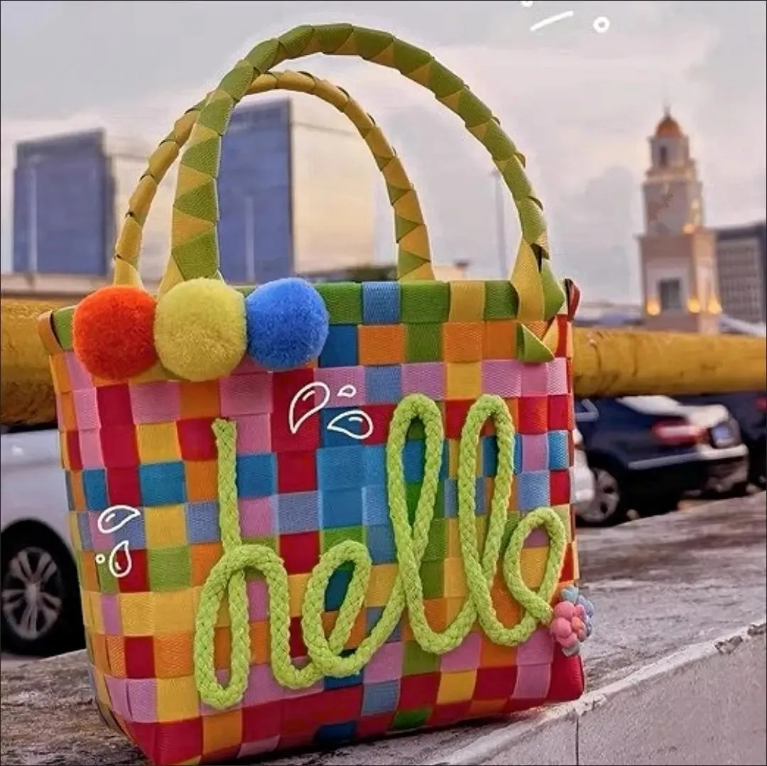 Cute Hello Letters Handmade Woven Handbag Rainbow Flower Shopping Beach Tote Purse Party Bag Gift