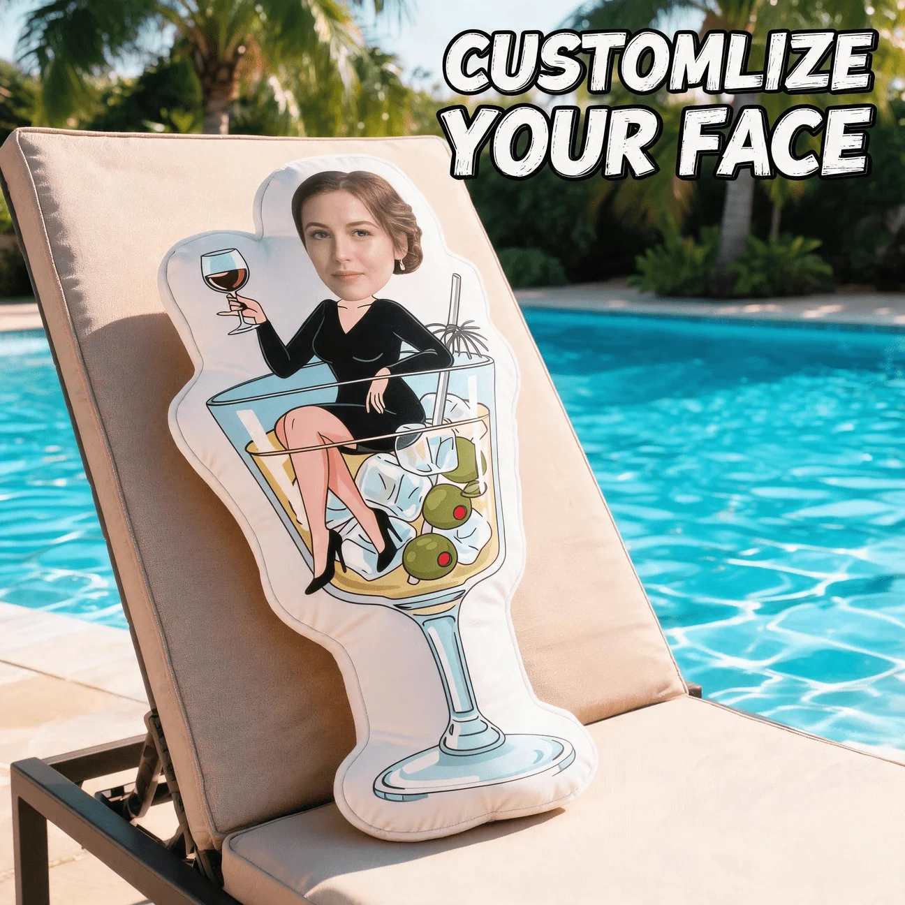 Custom Face Cocktail Glass Shaped Pillow, Personalized Photo Woman in Martini Decorative Cushion, Funny Home Decor Accent for So