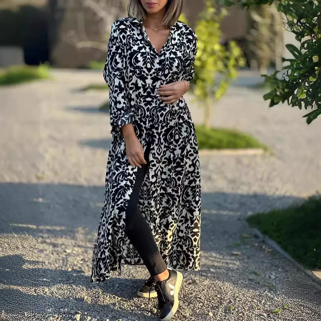 Women's Loose Long Dresses Autumn Elegant Square Neck Long Sleeved Printed Shirt Dress Vestidos De Fiesta