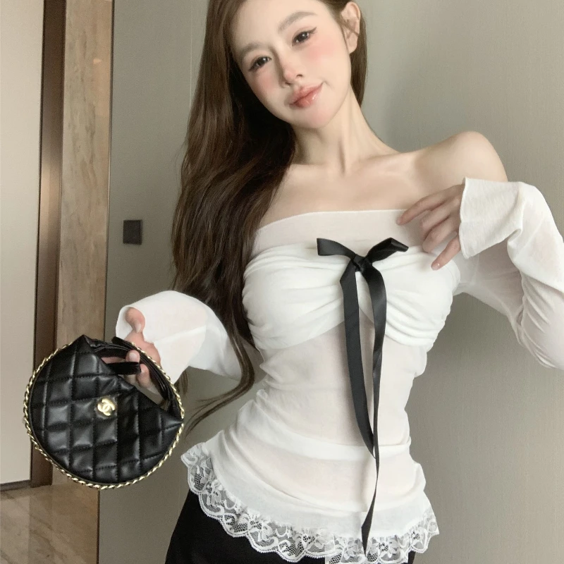 Pure Desire Hot Girl One Shoulder Top Women Bow Mesh Lace Bottoming Top