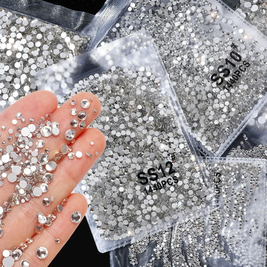 

1440Pcs Nail FlatBack Crystal Rhinestones Clear/AB Glass Strass (SS3-SS12) 3D Gem Stones Non-HotFix for Nail Art Decoration