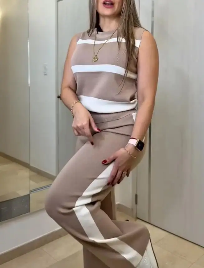 

Two Piece Set Women Outfit 2025 Spring New Striped Print Round Neck Sleeveless Top & Casual Elastic Waist Drawstring Pants Sets