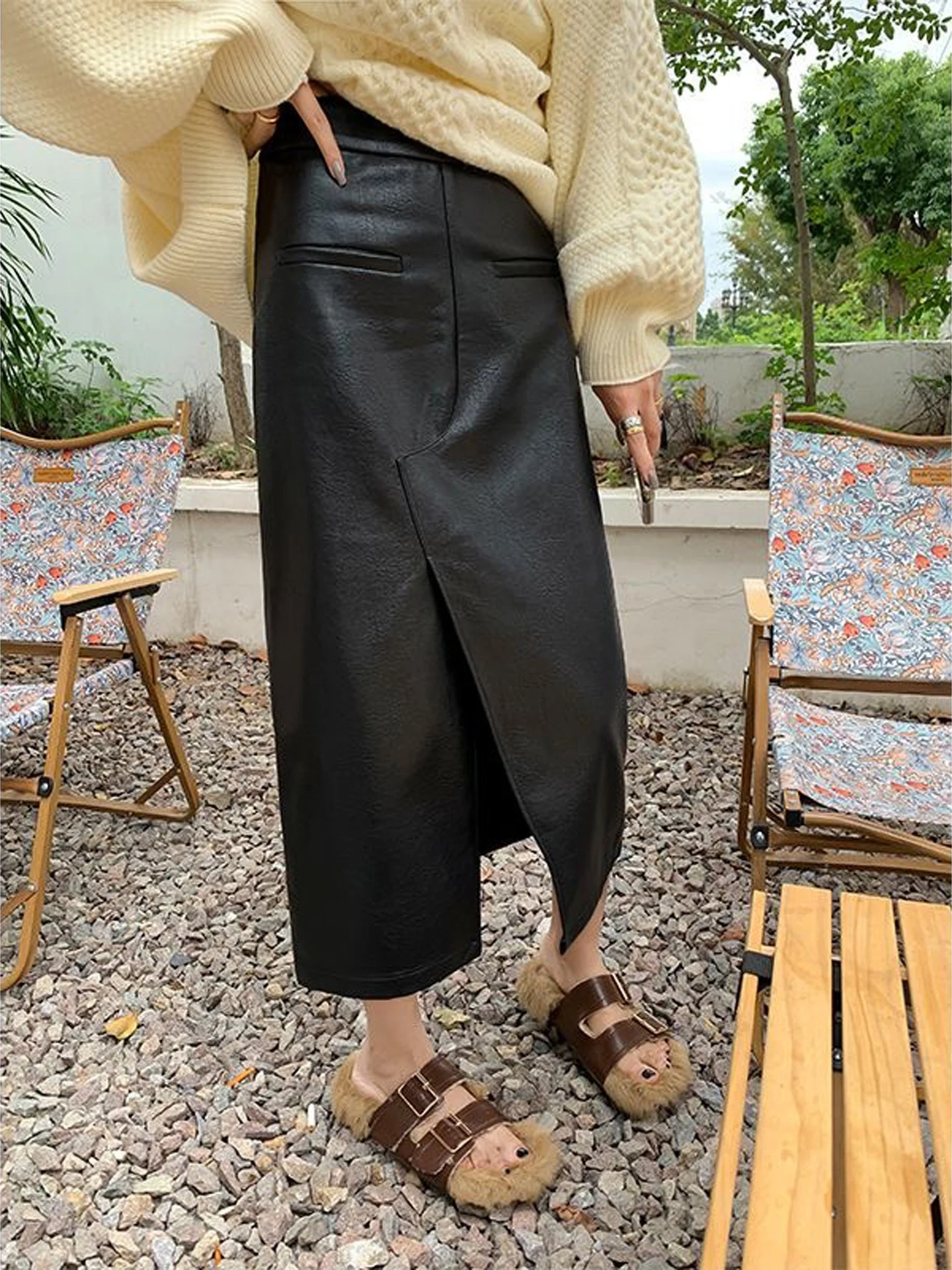 High Waist Asymmetrical PU Leather Skirt for Women Long Straight Cutout Slimming A-Line Wrap Skirt Casual American Style