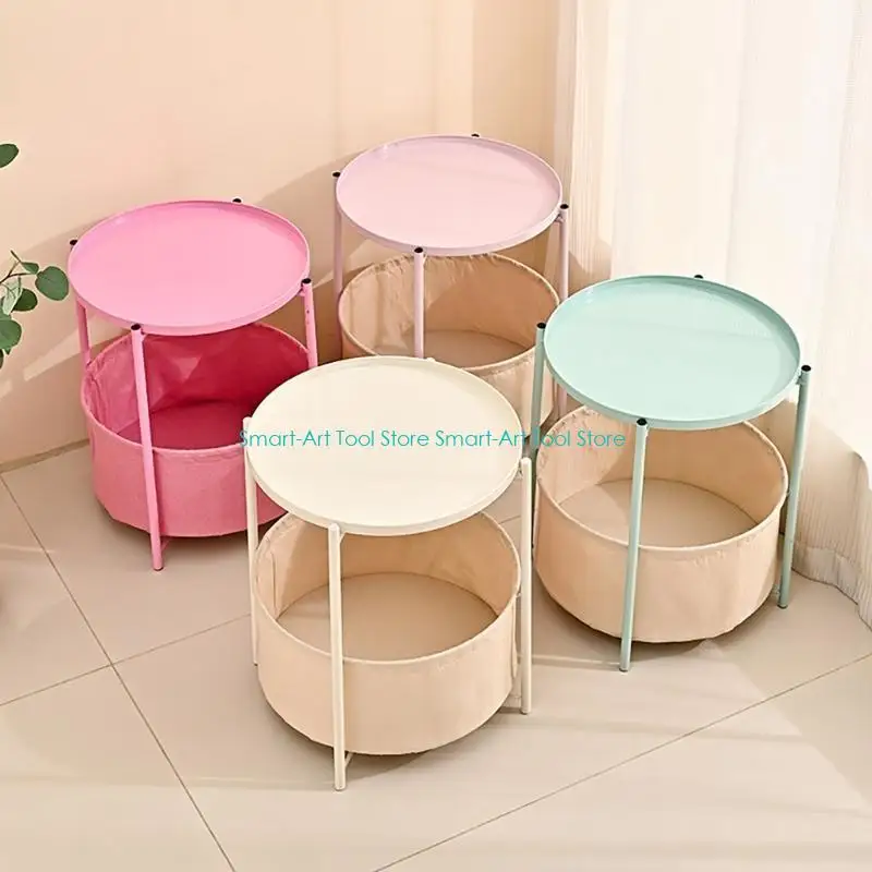 E1PB Contemporary Round Side Table with Unique Fabric Basket, Metal Nightstand for Living Spaces Bedroom Accent Space Saving