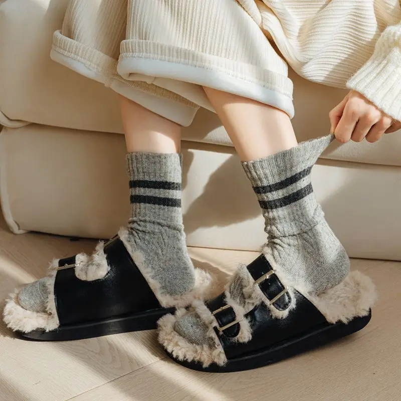 5/10 Paar Damen Herbst-Winter gestreifte mittelhohe Socken, warm, bequem, modisch, College-Stil, dreidimensionale Textur, lässige Socken – Detail 6