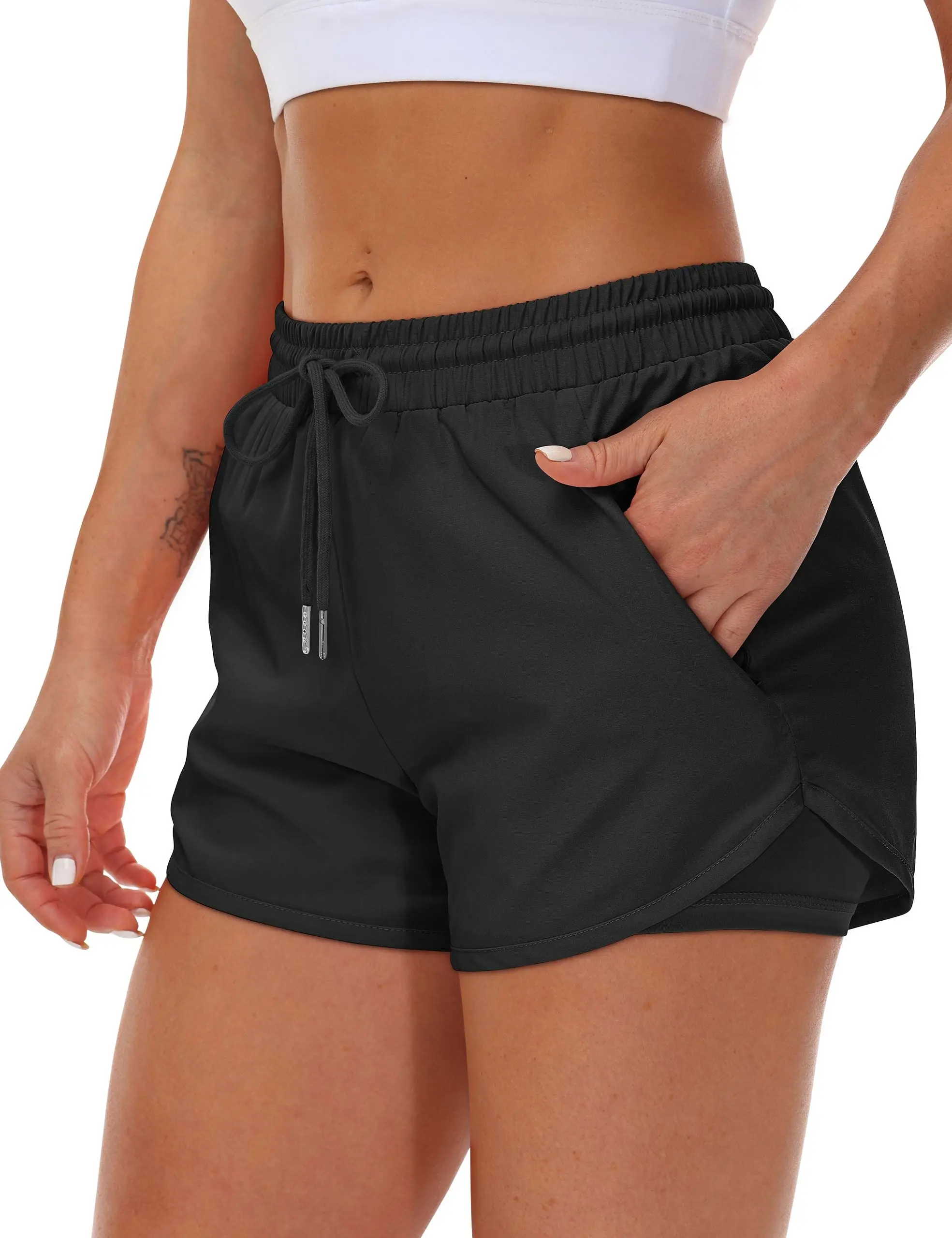 Sportshorts für Damen, zum Laufen, für Yoga, zweiteiliges Design, Shorts mit Anti-Exposition-Funktion, für Fitness, elastisch, figurformende Leggings. – Detail 3