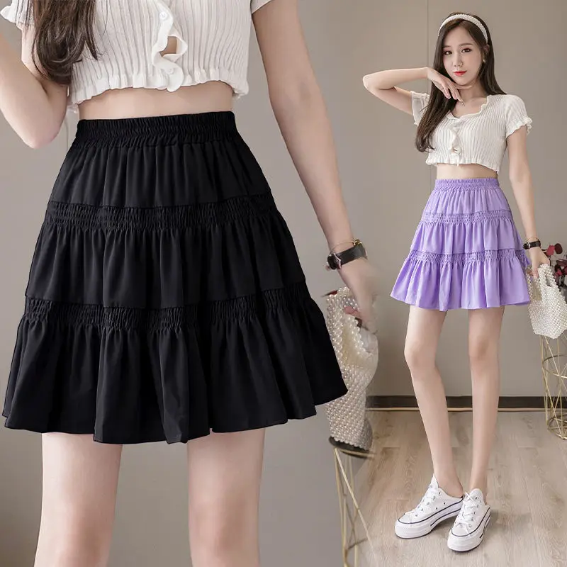 

Women's Elastic High Waist Anti-Exposure Pleated Skirt Slimming Youthful-Looking Plump Girls Chiffon Tiered Skirt