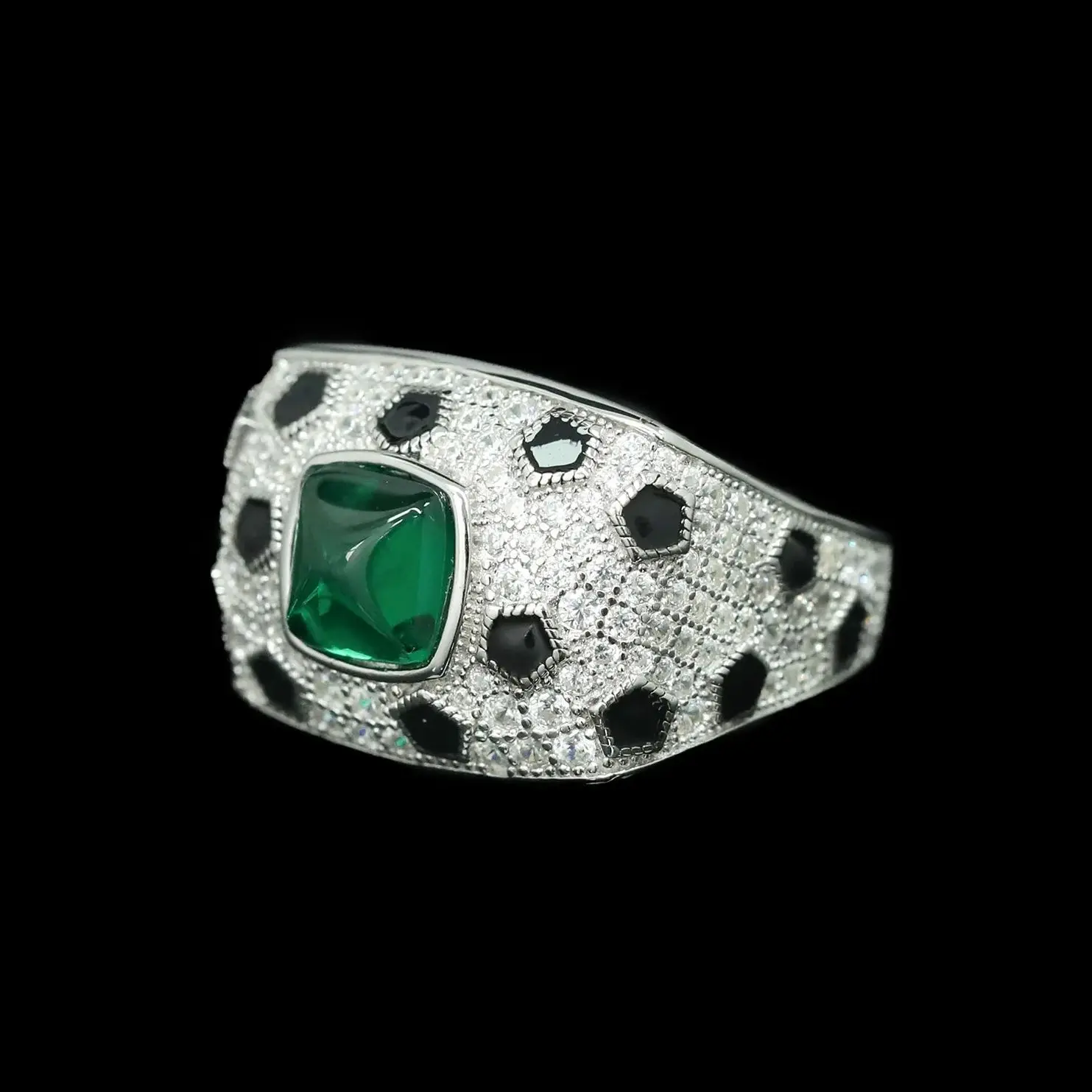 Women's Panther Ring Sugar-loaf Cut Emerald 925 Sterling Silver Animal Black Enamel Fine Jewelry Statement Birthday Banquet Gift