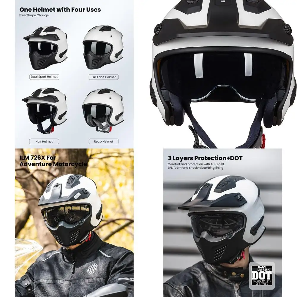 

3/4 Open Face Helmet for Dirt Bikes, Mopeds, ATVs, UTVs, Motocross, Cruisers, Scooters - DOT Certified, White, Size S