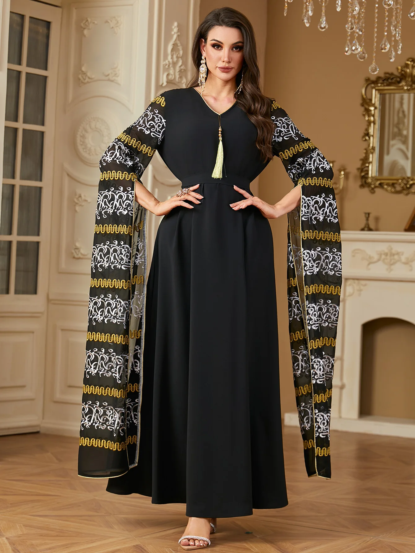 Embroidery Extra Long Sleeves Belted Party Arabic Dress for Women Banquet Islamic Kaftan Muslim Gown Wedding Bride Ramadan Party