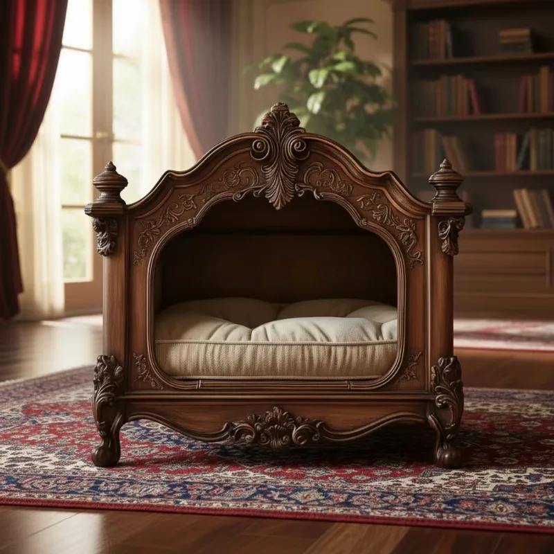Luxury Rococo Style Carved Solid Wood Pet Bed, Vintage Royal Dog House Cat Cave,Wholesale Cat Cave Furniture for Small Dogs