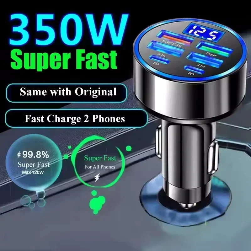 1 Stück 350W Schnellladegerät USB Auto-Ladegerät 6-Port PD QC3.0 USB-C Auto-Handy-Ladegerät Typ-C Adapter für iPhone Samsung Huawei