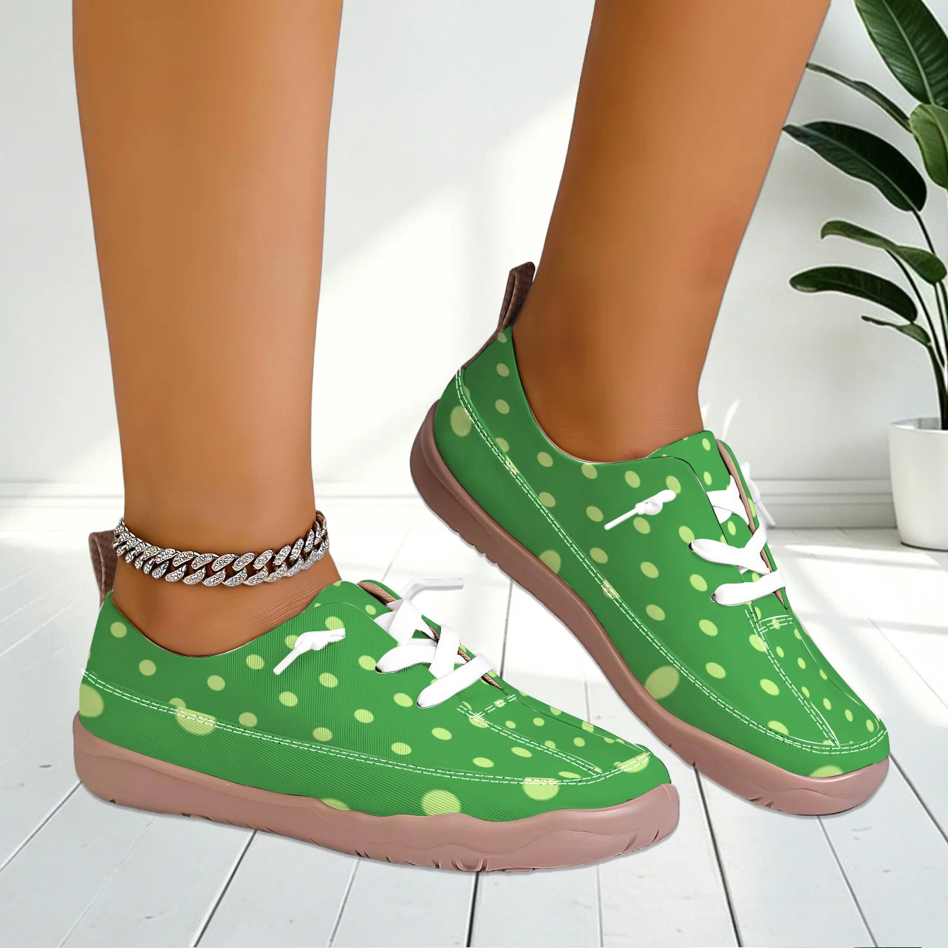 Women Polka Dot Print Lace Up Sneakers Wide Toe Light Breathable Shoes For Travel Commute Walking view 4