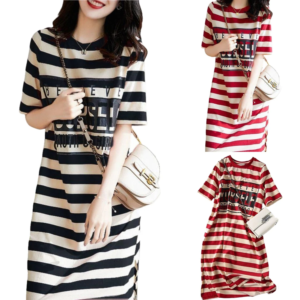 

Women's Dress Youth Vitality Loose Stripe Dresses Summer Show Thin Stripe Print T-shirt Dress Women's Fashion Casual all Round